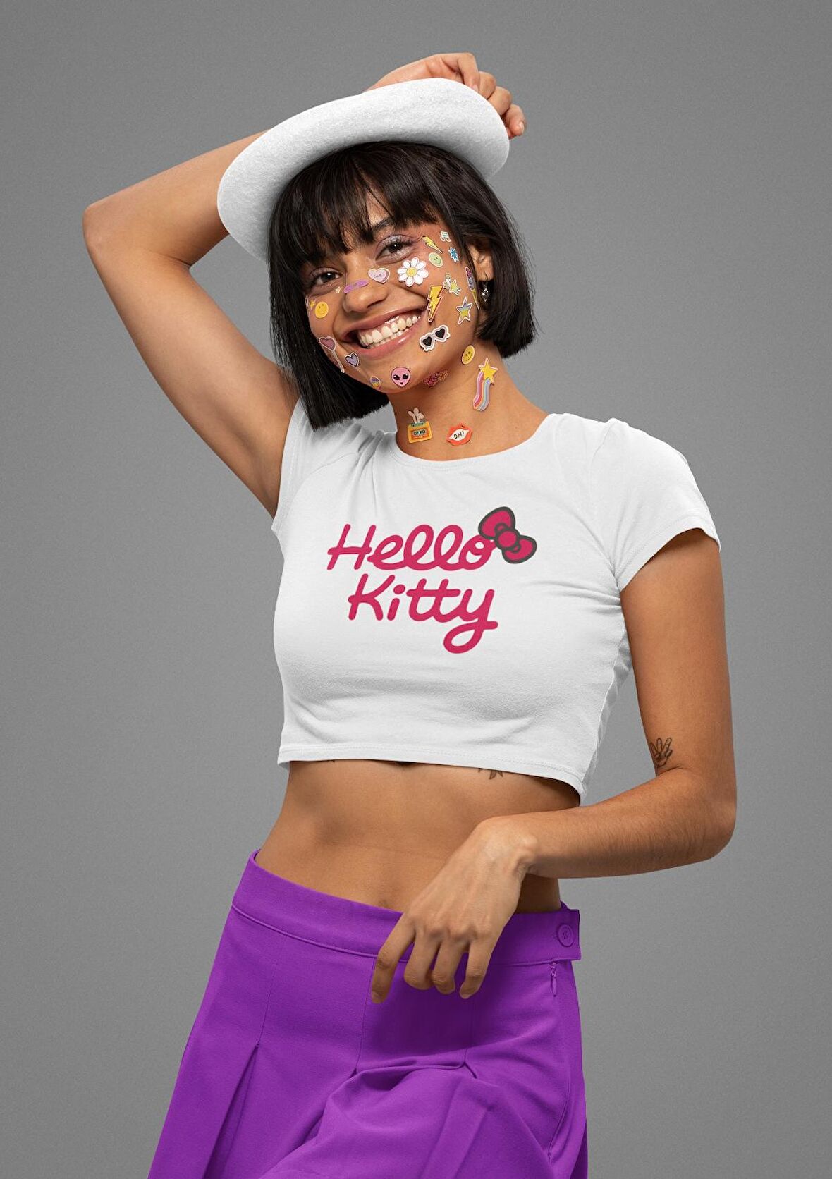 Hello Kitty Yazılı  Crop Top,  Kadın Hello Kitty Baskılı Crop Bluz