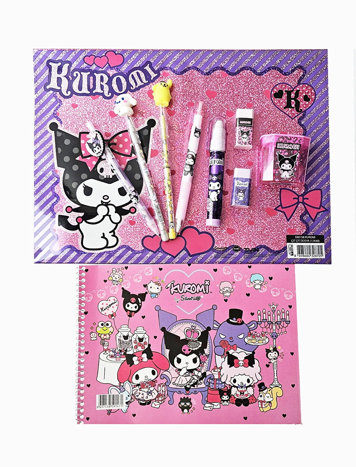 10 Parça Kuromi Kırtasiye Seti, Versatil Kalem, Yumurtlayan Kalem, Roket Silgi, Blister Silgi, Kalemtıraş, Çıtçıtlı Dosya, Resim Defteri (Kuromi Uno Hediyeli)