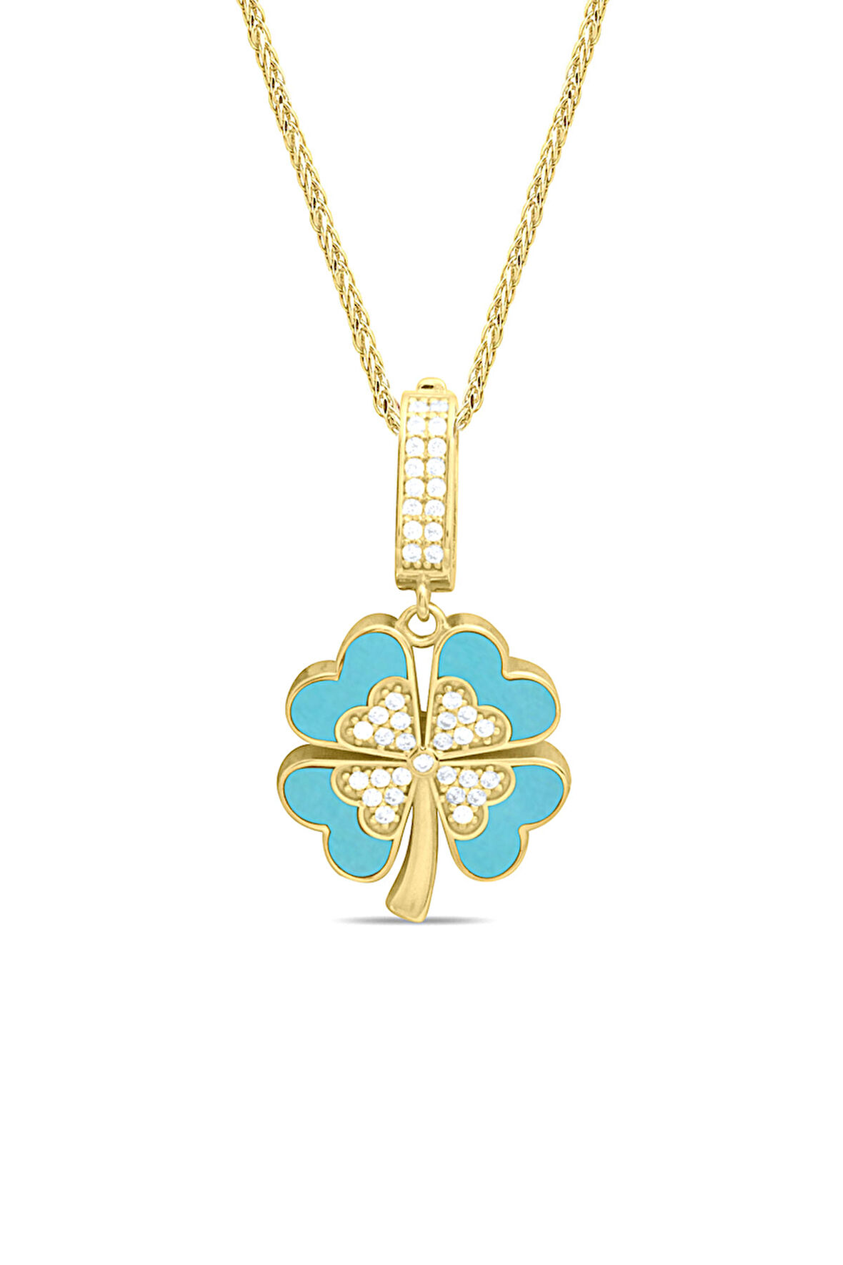 Turkuaz Mineli Altın Yonca Kolye