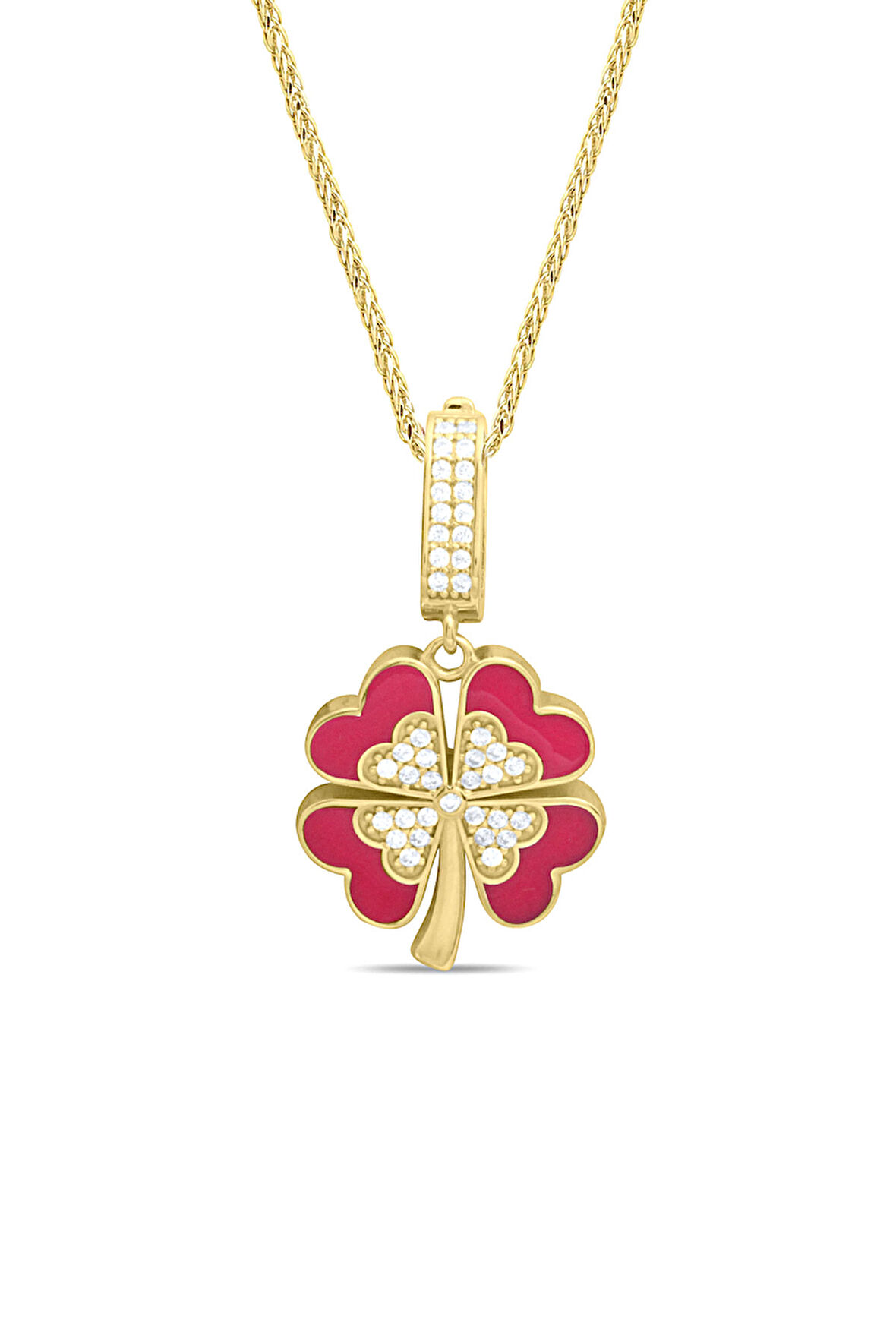 Pembe Mineli Altın Yonca Kolye