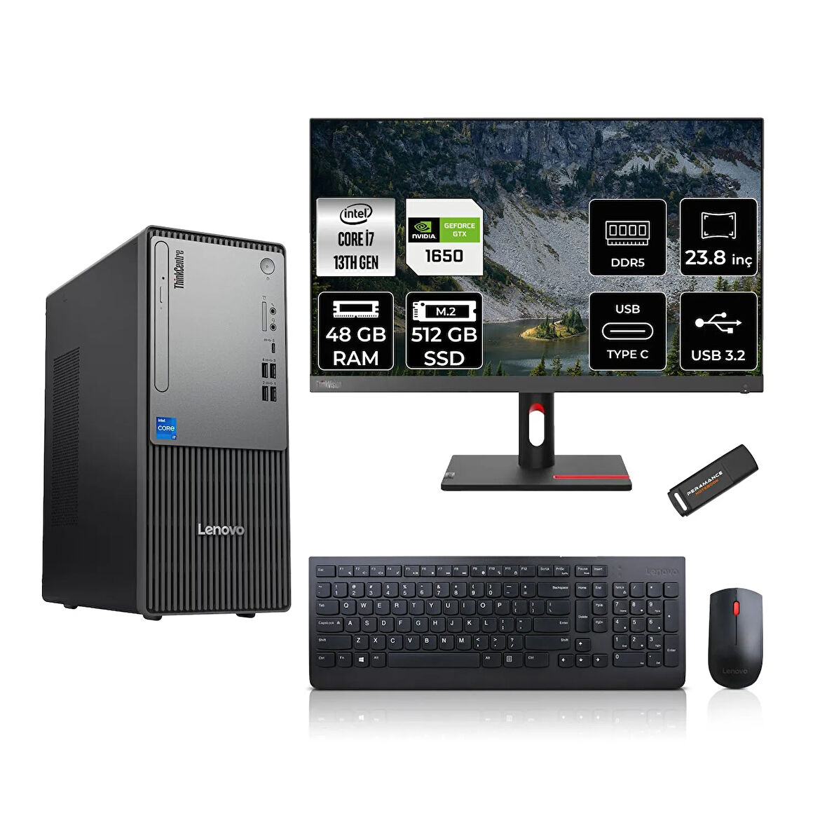 Lenovo ThinkCentre Neo 50T G5 i7 13700 48GB 512GB SSD GTX1650/4GB 23.8" FHD FDOS Masaüstü Bilgisayar