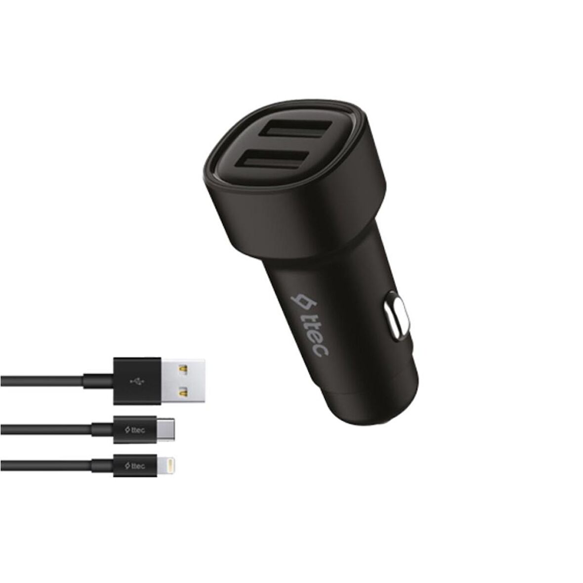 Ttec 2x USB Girişli 120CM Type C ve Lightning Şarj Kablolu Araç Şarj Cihazı, 12/24V Çakmaklık Girişli Akım Korumalı