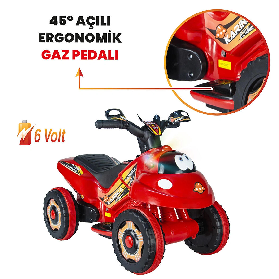 Uj Toys Müzikli ve Led Işıklı Akülü Atv 6V Karınca-Kırmızı