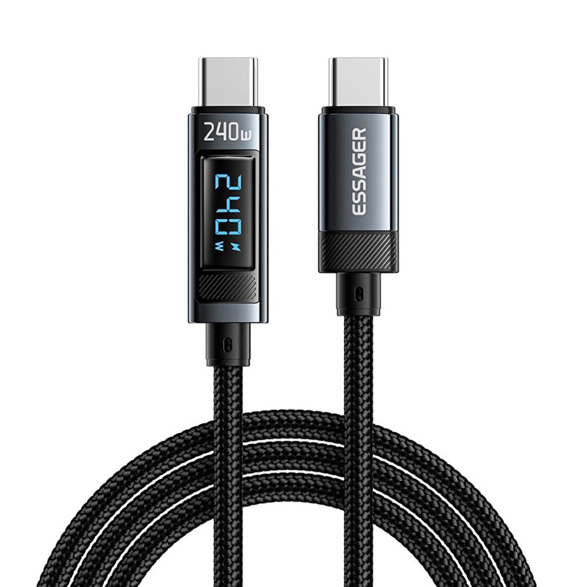 Essager 2 Metre 240W Dijital Ekranlı Type-C to Type-C Mega Hızlı Data Şarj Kablosu, Ultra Sağlam Halat Kablo Kopmaz