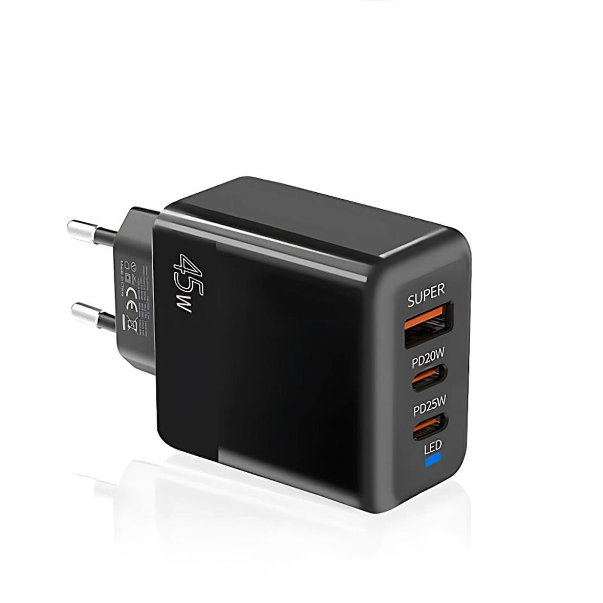 Polham 6A 45W 2x PD Type C 1x USB Şarj Başlığı, Universal Akıllı Şarj Adaptörü, Isı ve Akım Korumalı Siyah