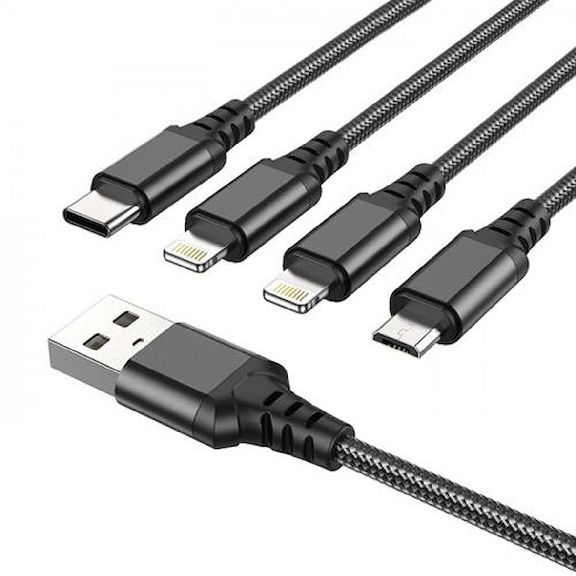 Polham 4in1 1 Metre Type-C, 2x iPhone Lightning, Micro USB Şarj ve Data Kablosu, 2A Halat Kablo