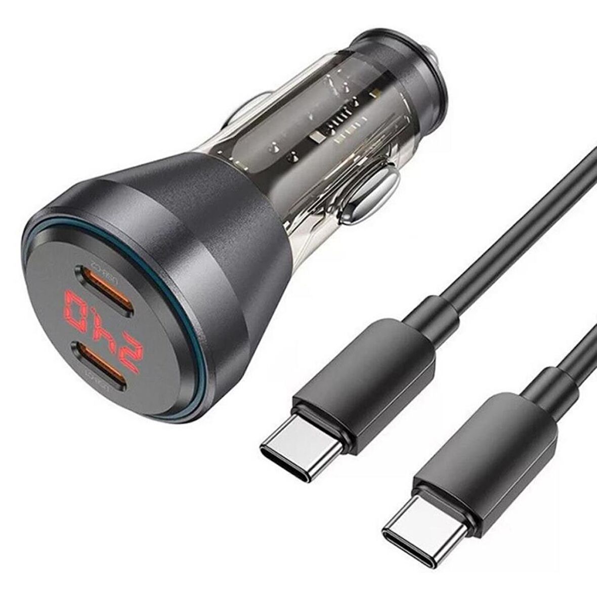 Polham HC 60W 2x Type-C Girişli ve 1mt Type C Kablolu Süper Hızlı Araç Şarjı,Akım,Voltaj,Isı Korumalı