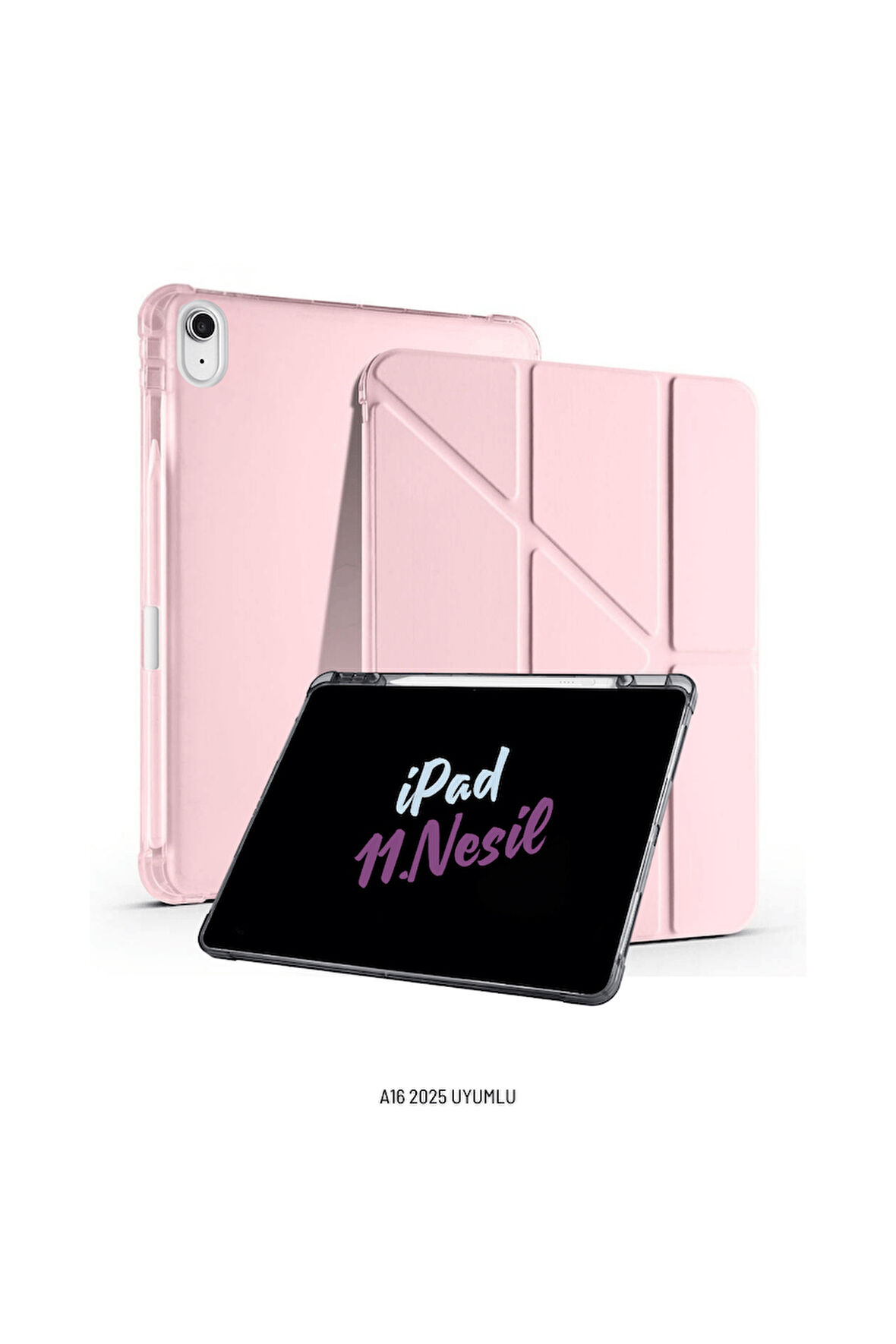 iPad 11. Nesil A16 2025 Uyumlu 10.9 inç Kalem Bölmeli Standlı Fuchsia Tri Folding Tablet Kılıfı