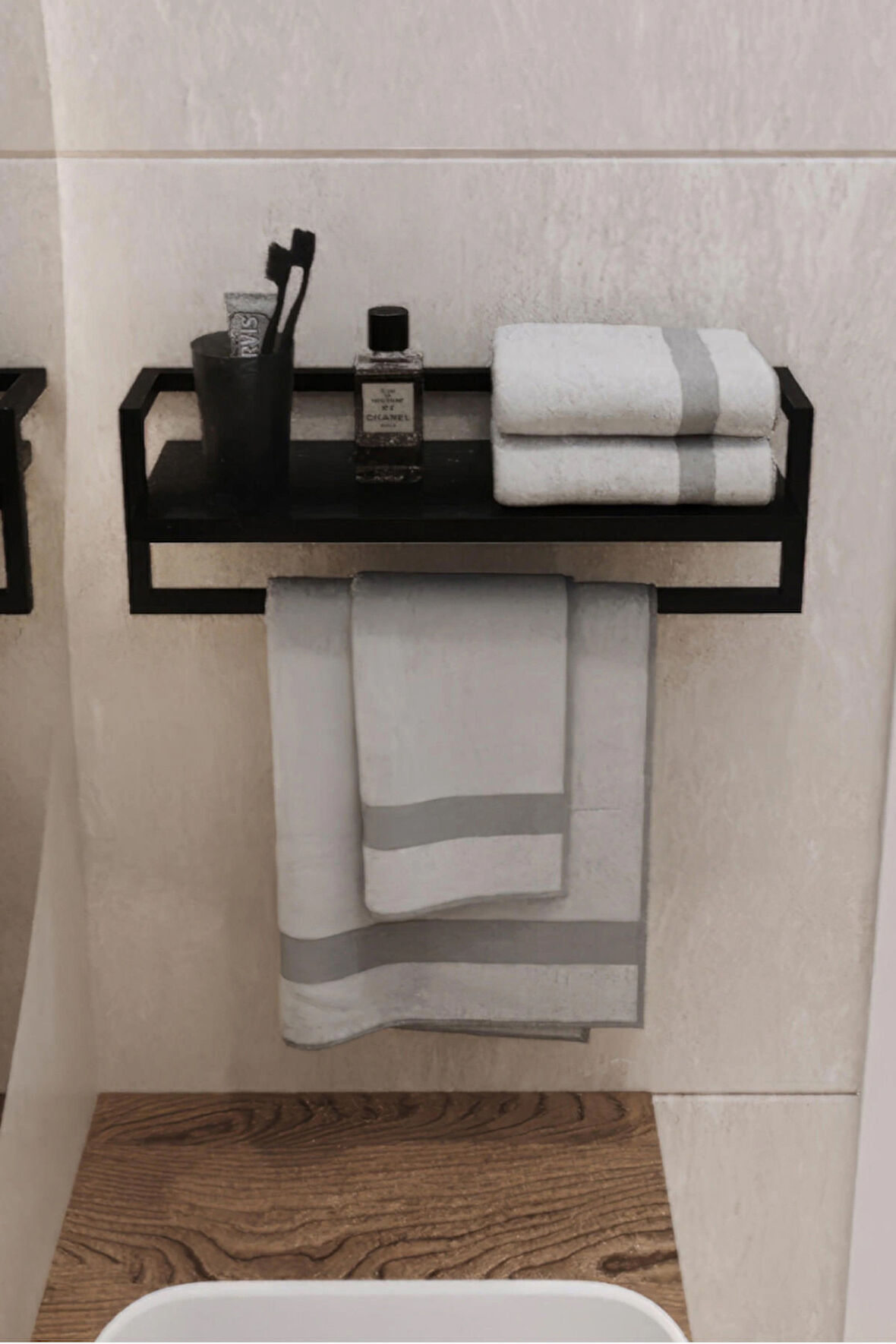 Havluluk Siyah Duvara Monte Raf Aksesuarlık Şal Askılığı Banyo Mutfak Düzenleyici Çok Amaçlı Raf