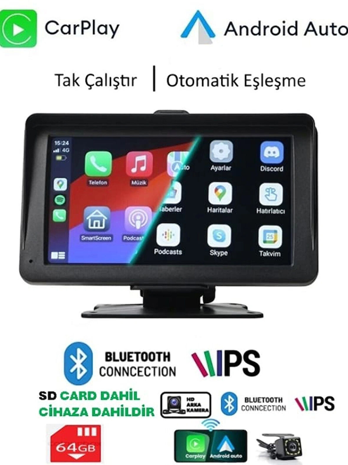 TeknoMoon 7" Taşınabilir Kablosuz Apple CarPlay Android Auto Airplay Android 2024 Version Araba Ekranı