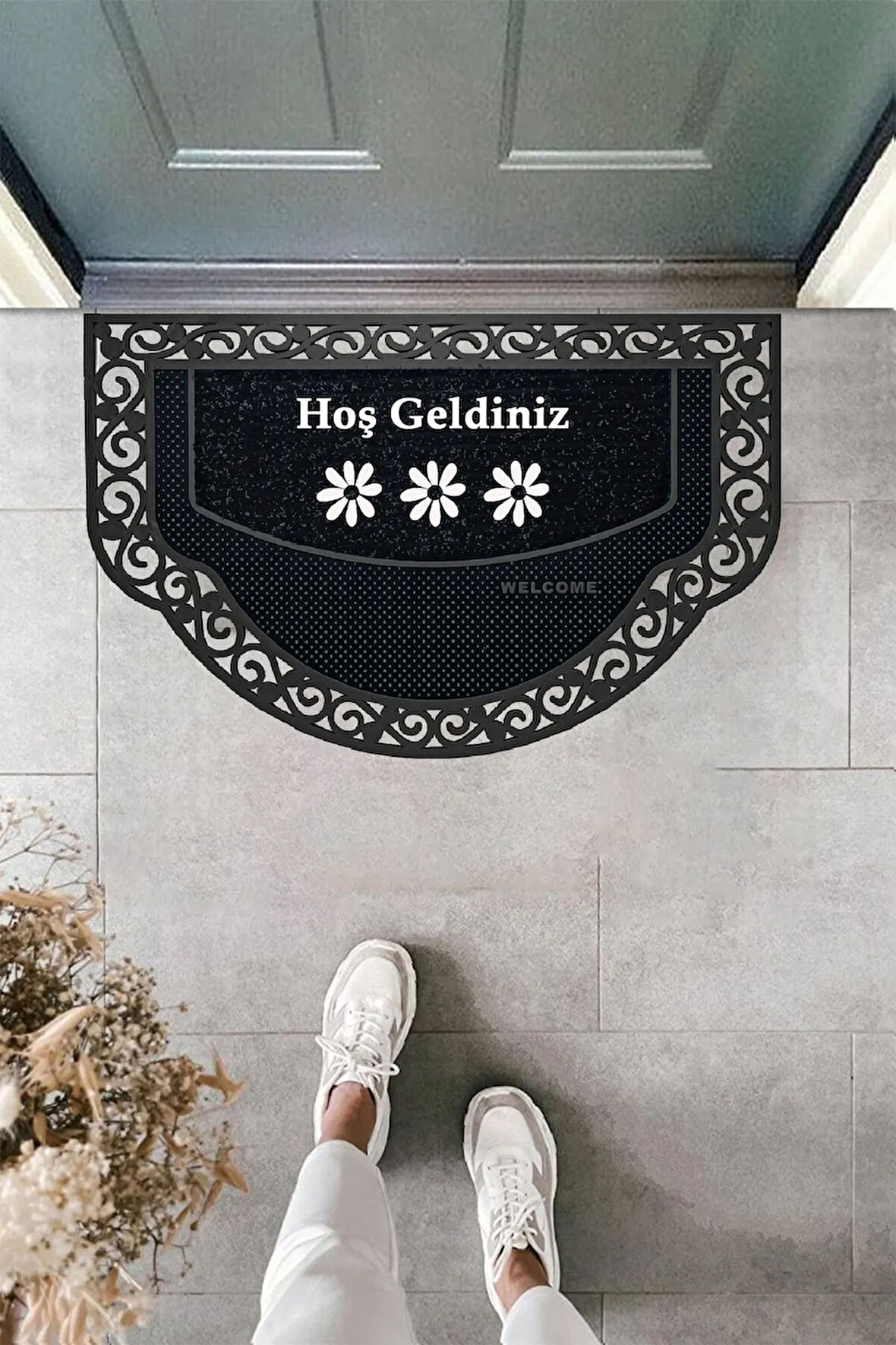Yarım Ay Modeli hoş geldiniz Yazlı Çiçek Desenli Kapı Önü Paspası