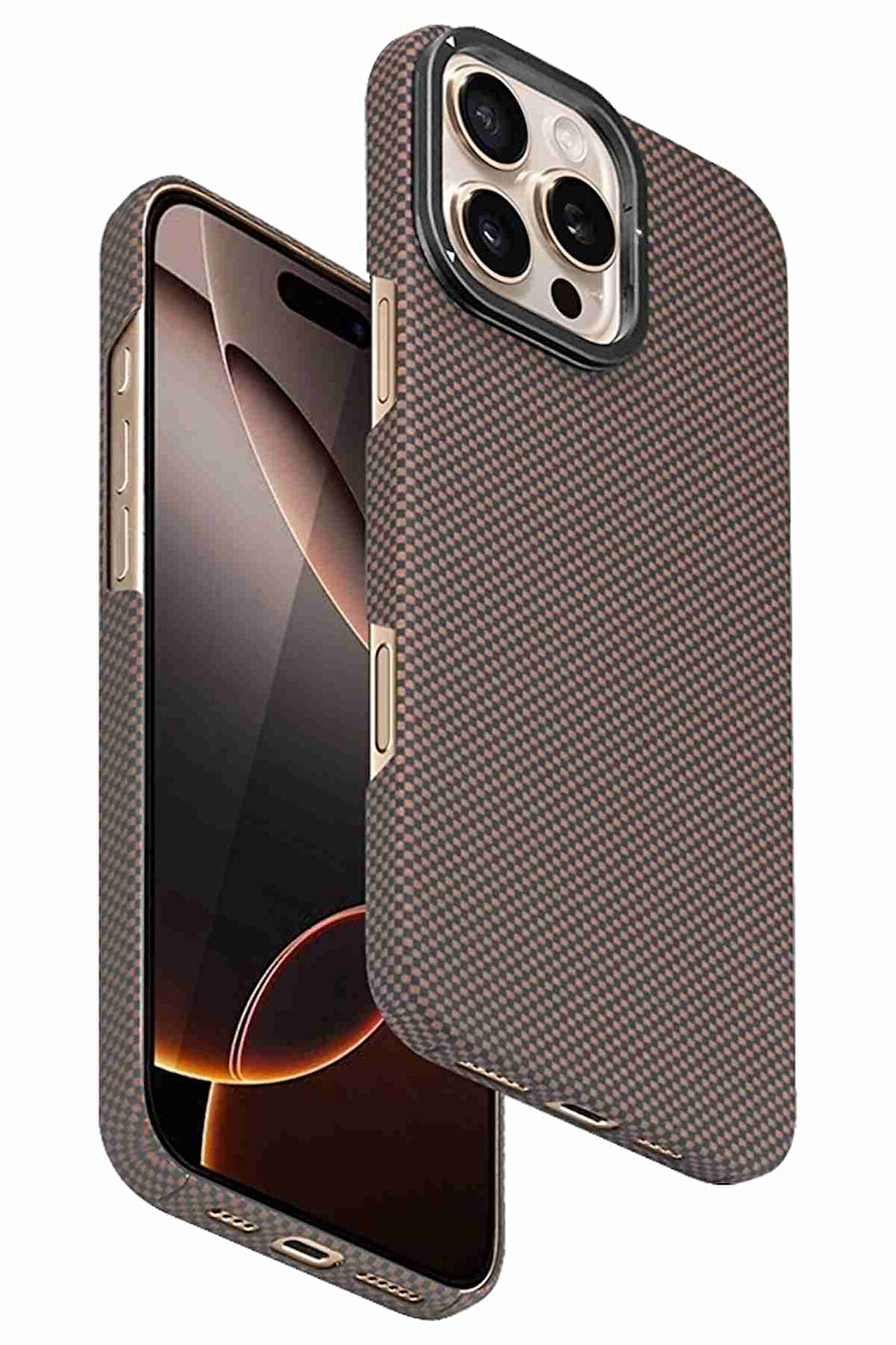 iPhone 15 Pro Max Uyumlu Lens Standlı Manyetik Şarj Özellikli Fuchsia Kevlar Telefon Kılıfı
