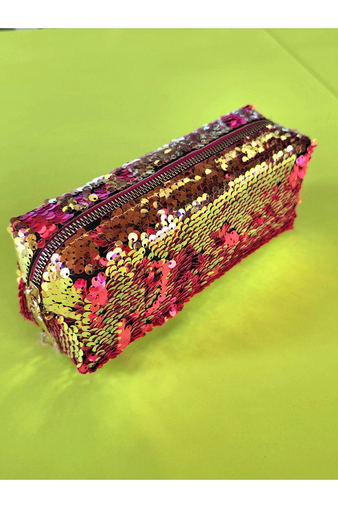 Premium Pullu Renkli Çanta Okul Kalemlik Makyaj Çantası Fermuarlı Plaj El Çantası 20x9x6 cm Pembe