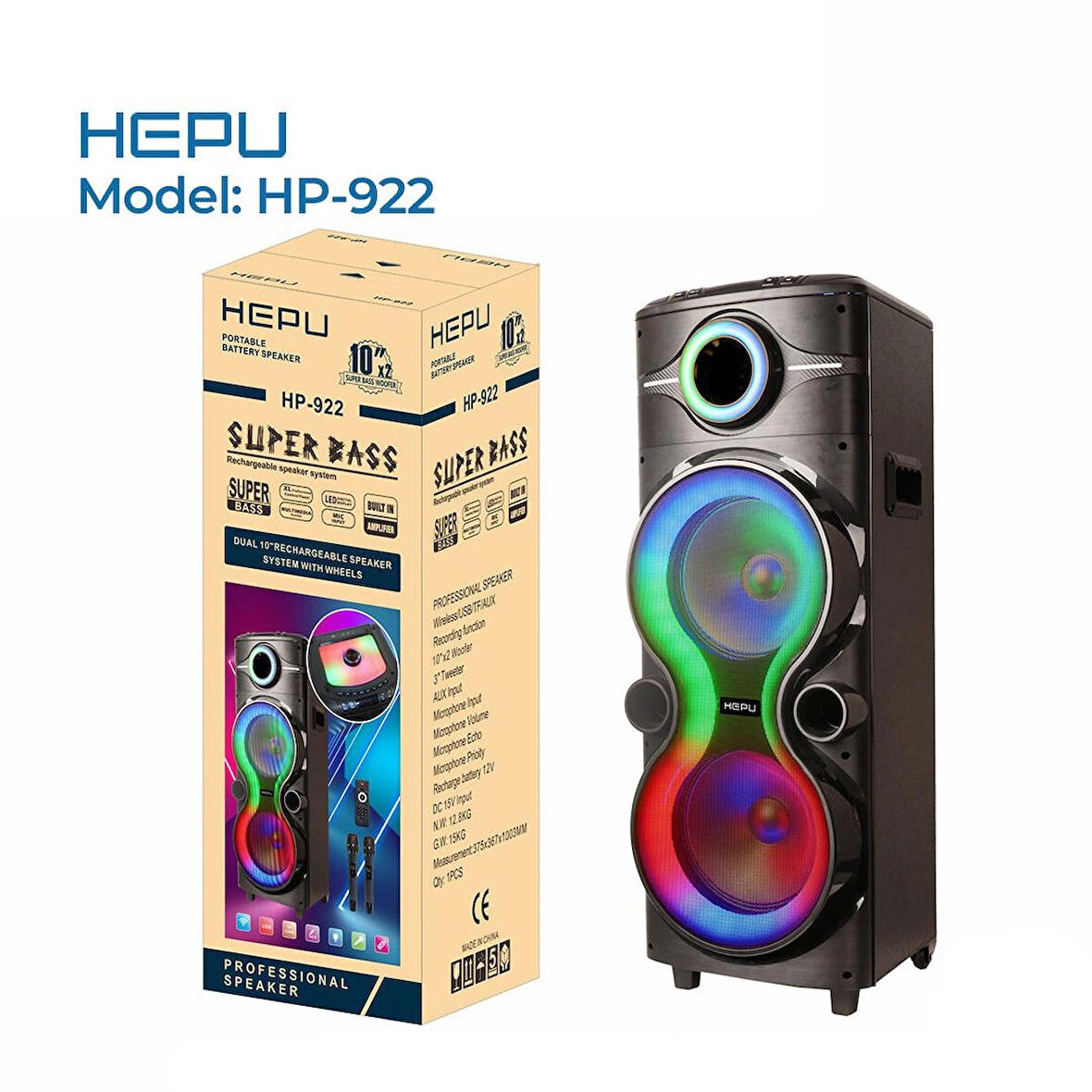 HEPU Hp 922 Taşınabilir Şarjlı Rgb Bluetooth Hoparlör 2*10 İnc Woofer 80 W Rms Karaoke