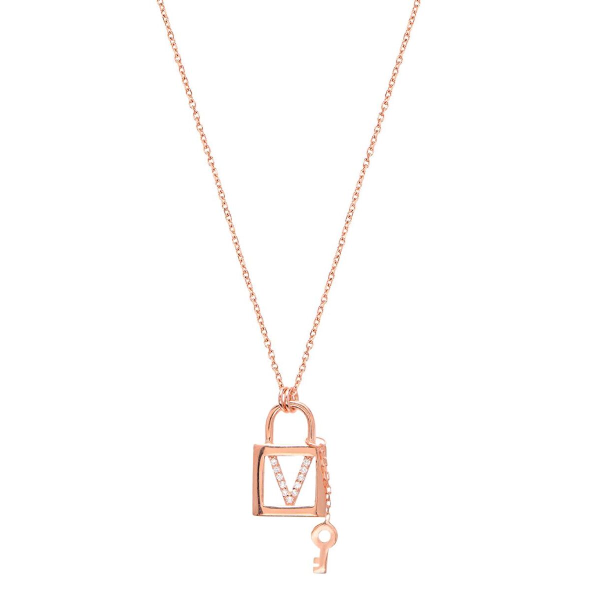 Zirkon Taşlı Pırlanta Montür Rose Altın Kaplama Anahtarlı Kilit V Harfi Gümüş Kolye