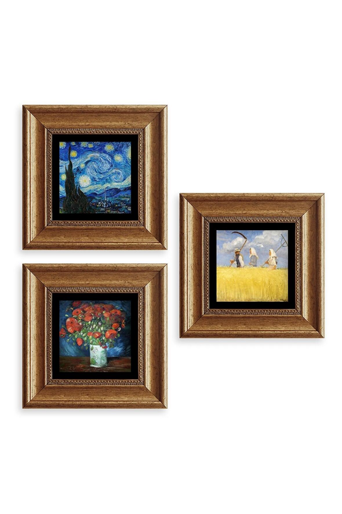 Van Gogh 3 lü Set Çerçeveli Taş Tablo