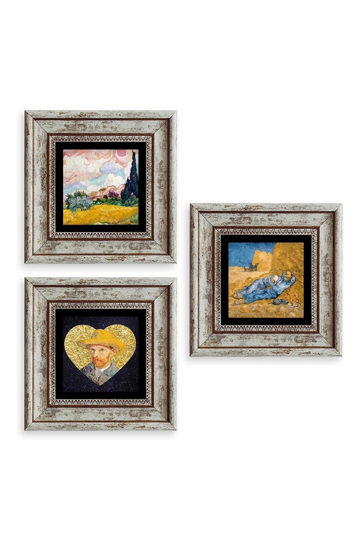 Van Gogh 3 lü Set Çerçeveli Taş Tablo