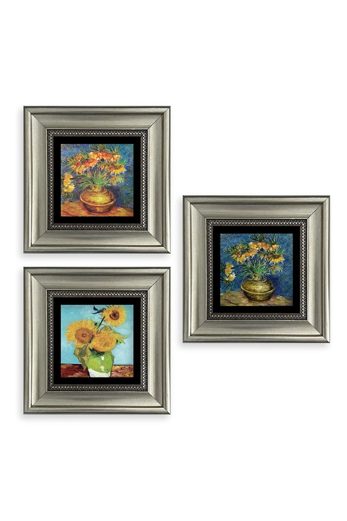 Çiçekler 3 lü Set Çerçeveli Taş Tablo