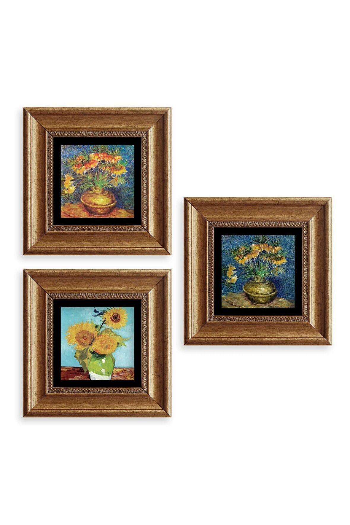 Çiçekler 3 lü Set Çerçeveli Taş Tablo