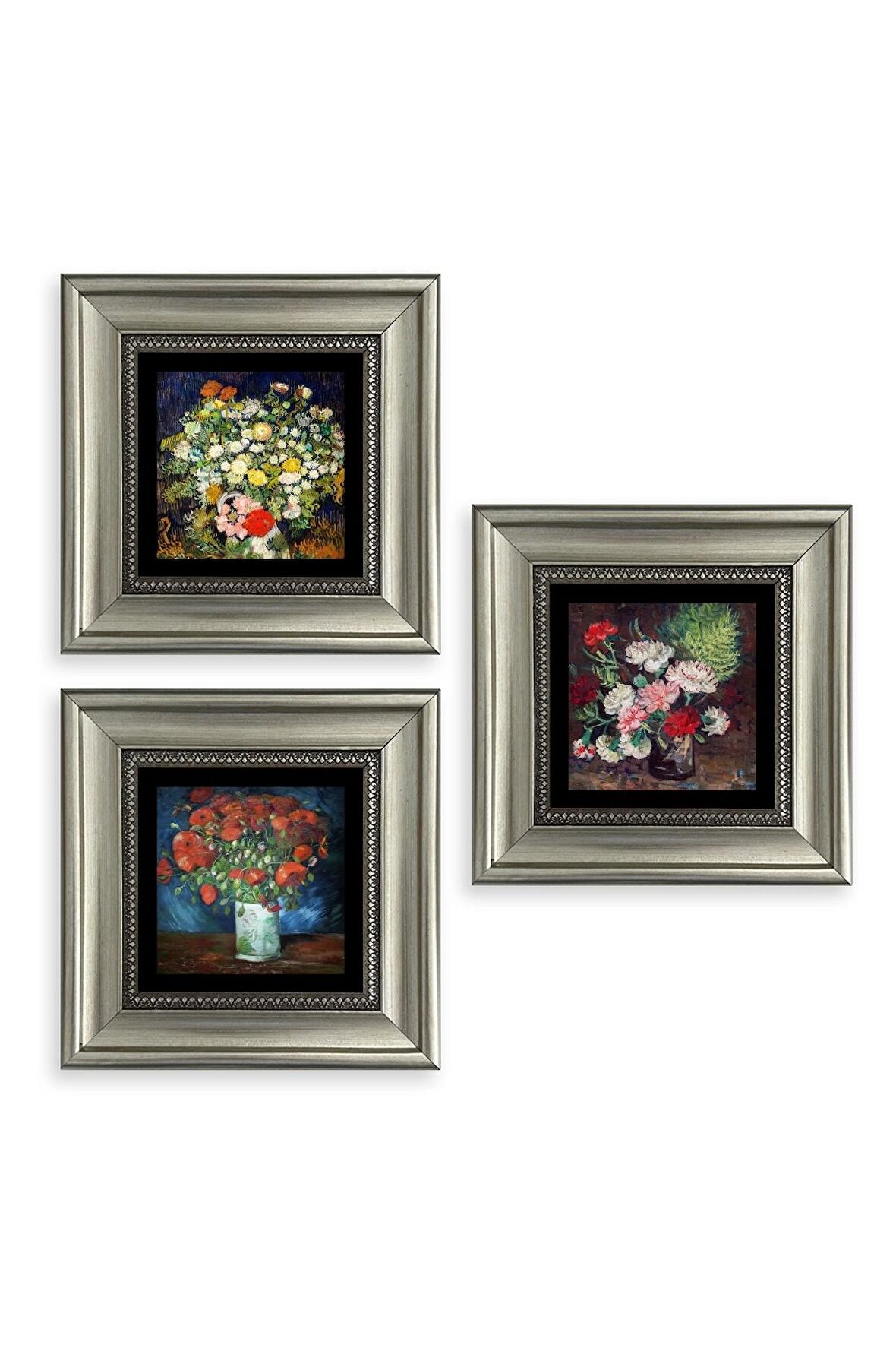 Çiçekler 3 lü Set Çerçeveli Taş Tablo