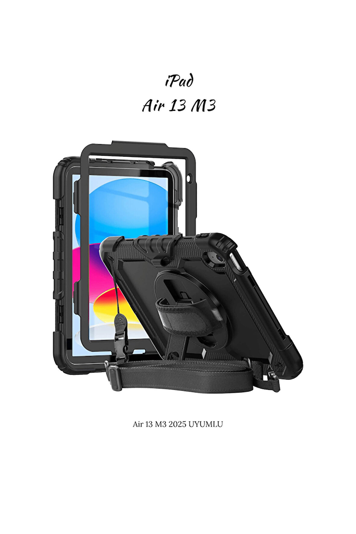 iPad Air 13 M3 Çip 2025 Uyumlu Askılı Defender 360° Dönebilir Standlı Zırh Tablet Kılıfı