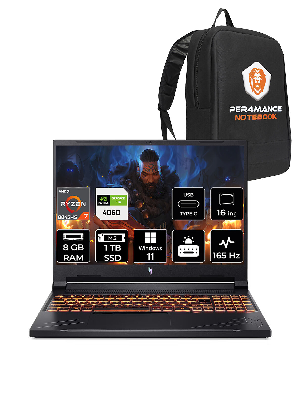 ACER Nitro V16 R7-8845HS 8GB 1TB SSD RTX4060/8GB 85W 16'' 165Hz WUXGA W11H & PER4 ÇANTA