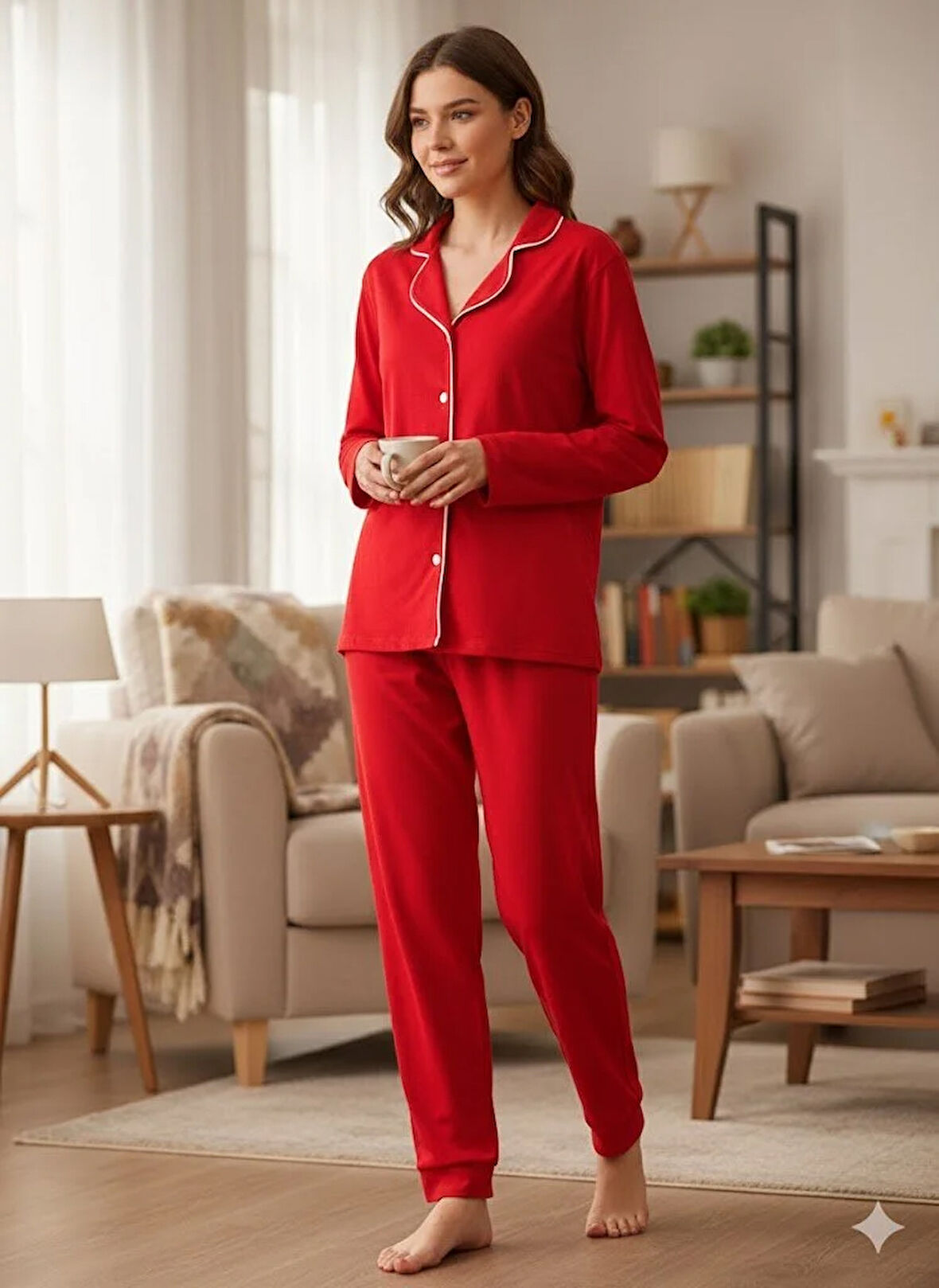 KADIN KIRMIZI DÜĞME DETAYLI PİJAMA TAKIMI