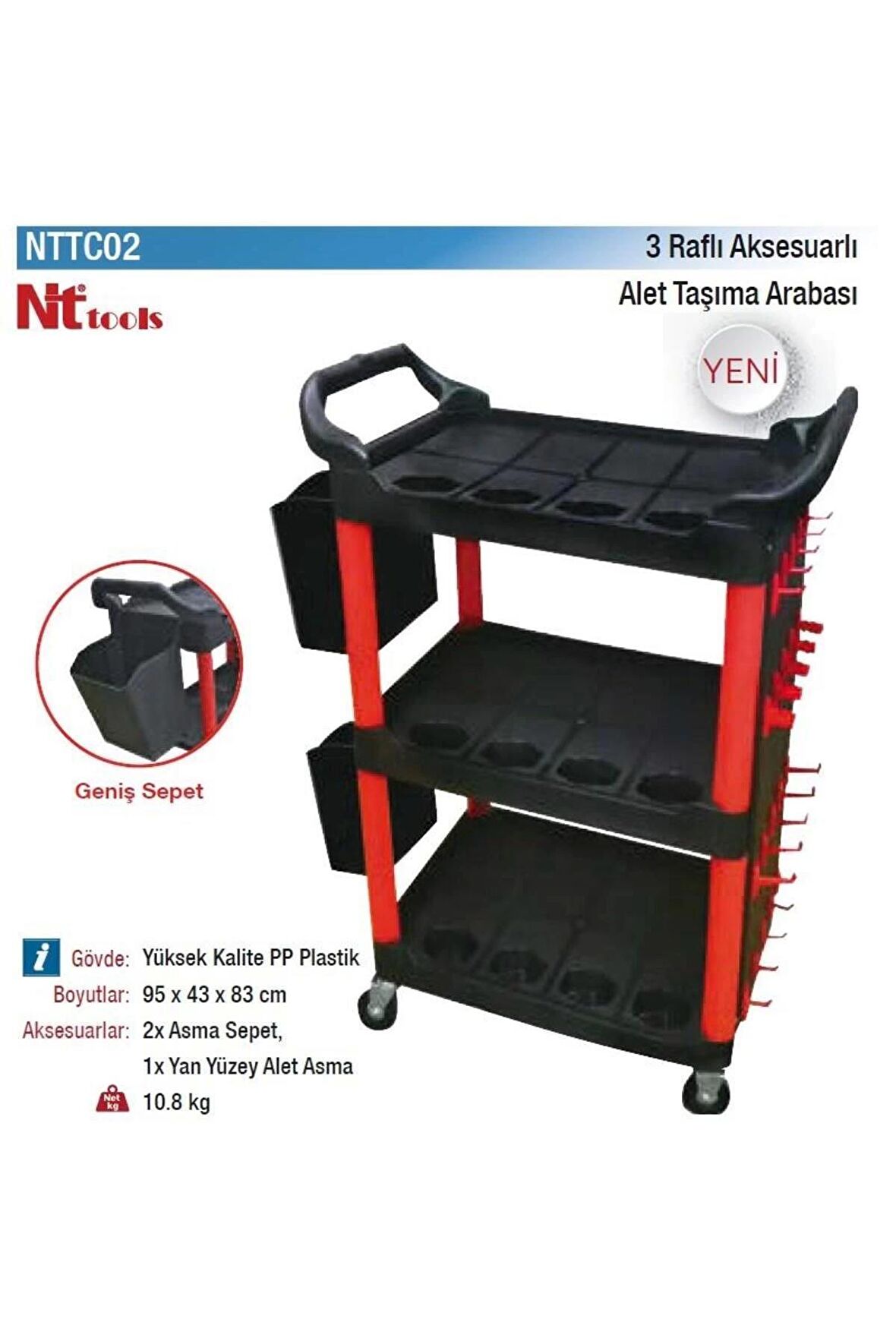 Nt Tools 3 Raflı Alet Taşıma Arabası Aksesuarlı Yüksek Kalite Pp Plastik Nttc02 95x43x83 Cm.