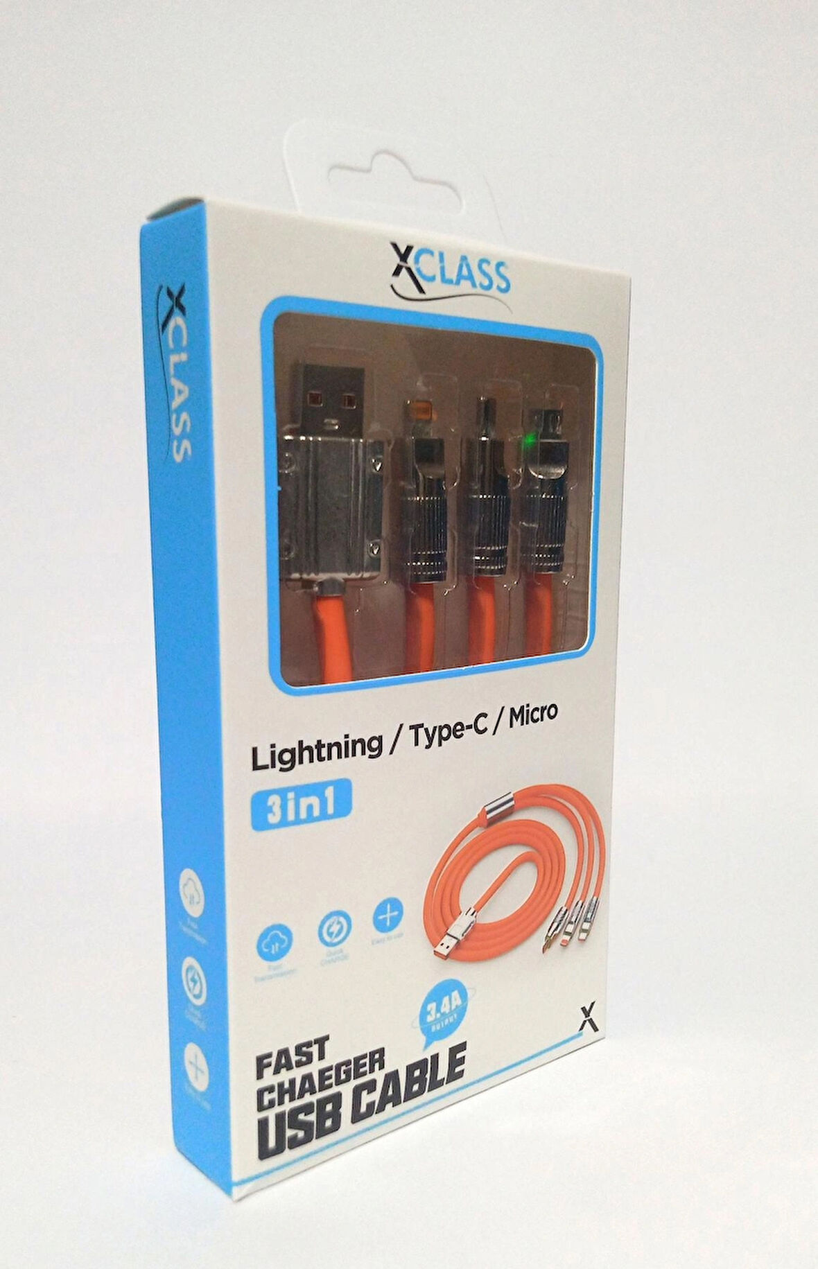 XClass K302 3 IN 1 Üçü Birarada Led Işıklı 5V /3,4A Hızlı Şarj ve Data Kablosu