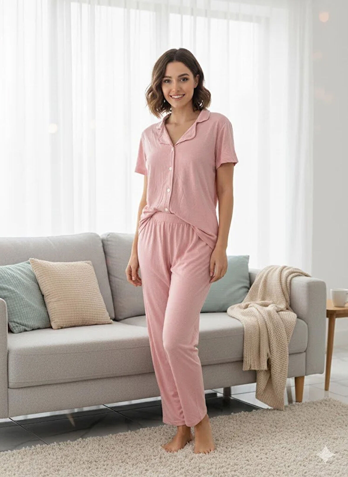 KADIN PEMBE DÜĞMELİ PİJAMA TAKIMI