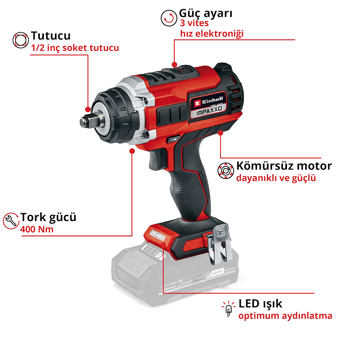 Einhell 4510070 IMPAXXO 18/400 Kömürsüz Somun Sıkma Aküsüz