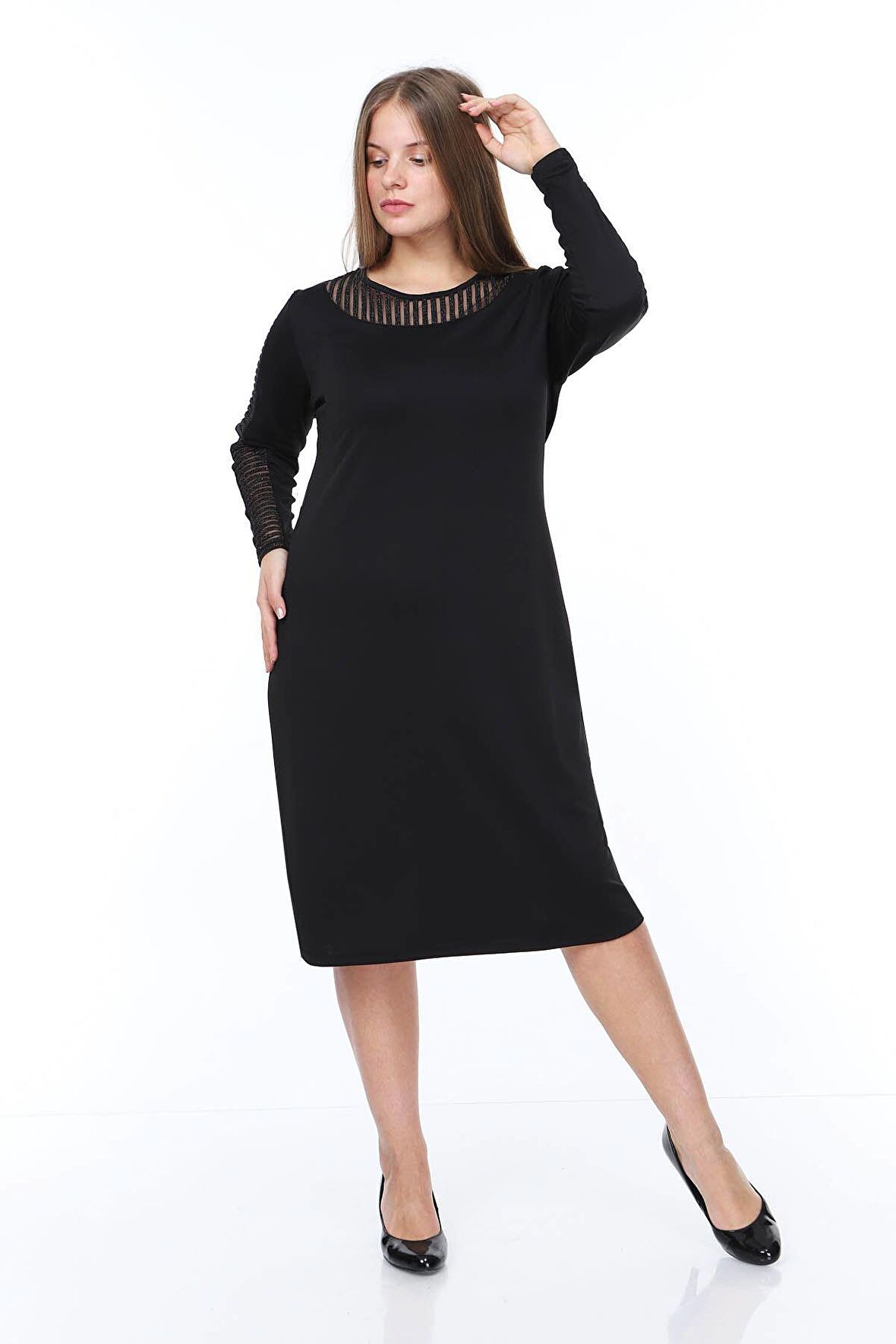 Yaka Kol Şeritli Büyük Beden Elbise 6C-0865 