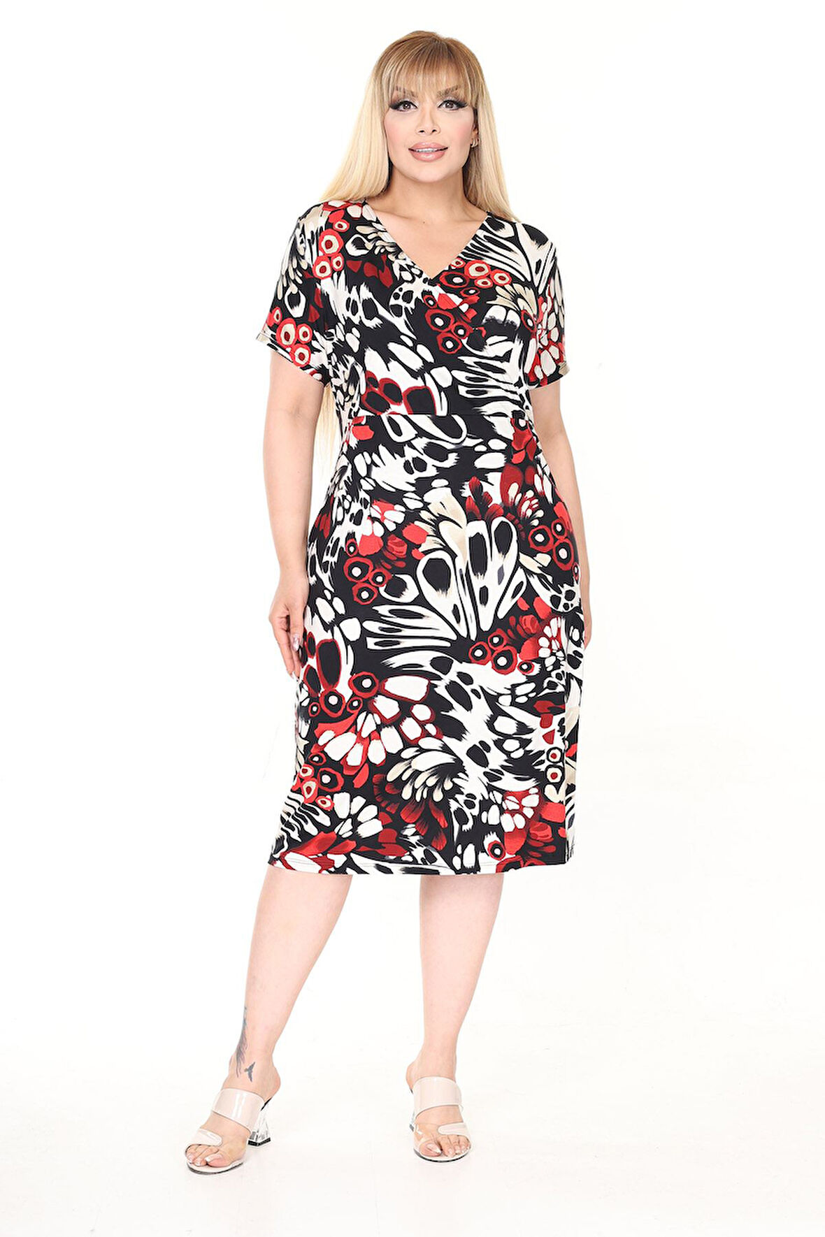 Kruvaze Yaka Yazlık Büyük Beden Elbise 6D-2670