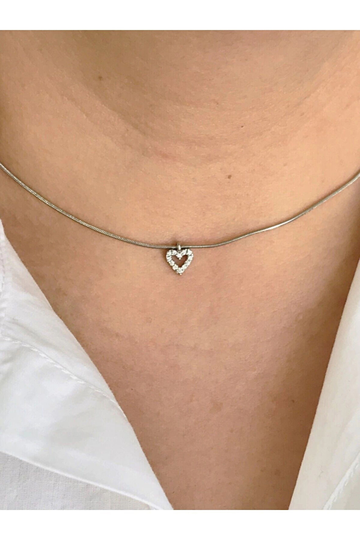 Çelik Zirkon Taşlı Kalp Choker