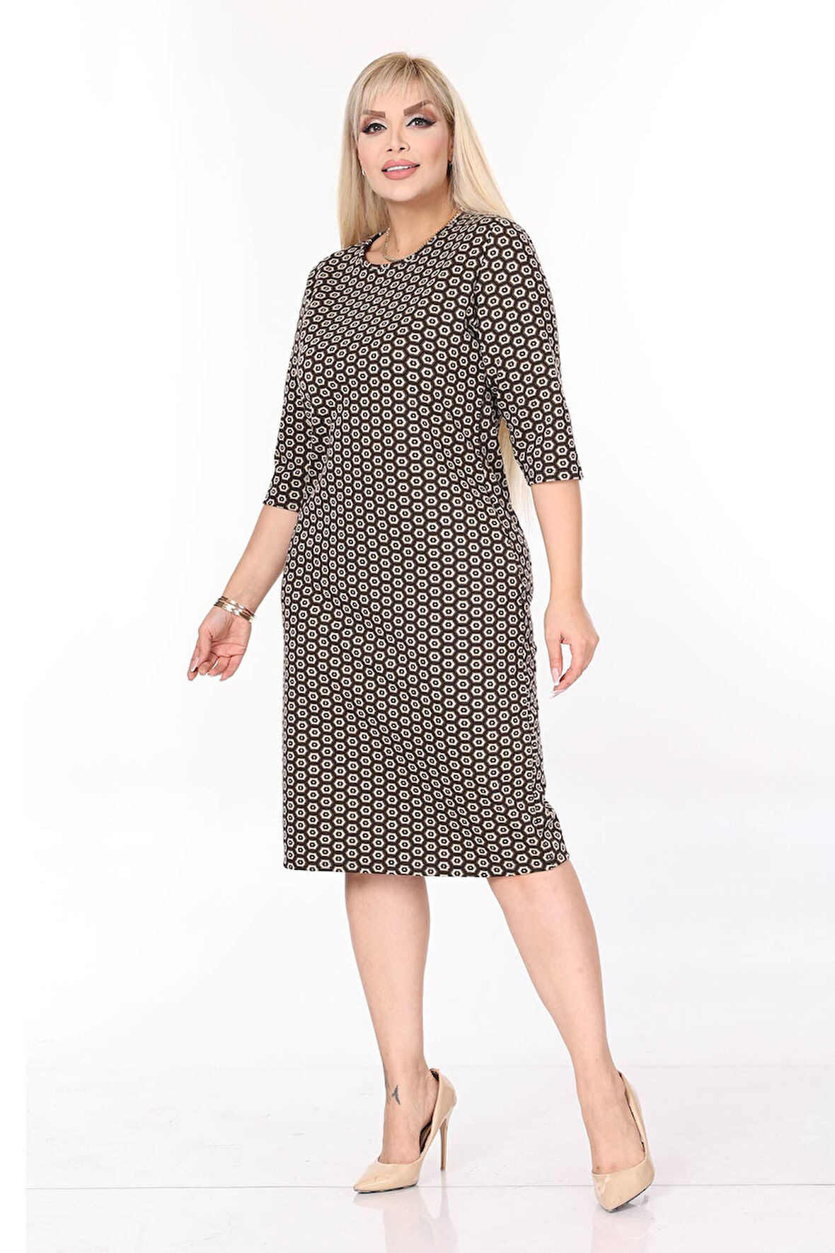 Çift Cepli Desenli Esnek Kışlık Büyük Beden Midi Elbise 38E-2706