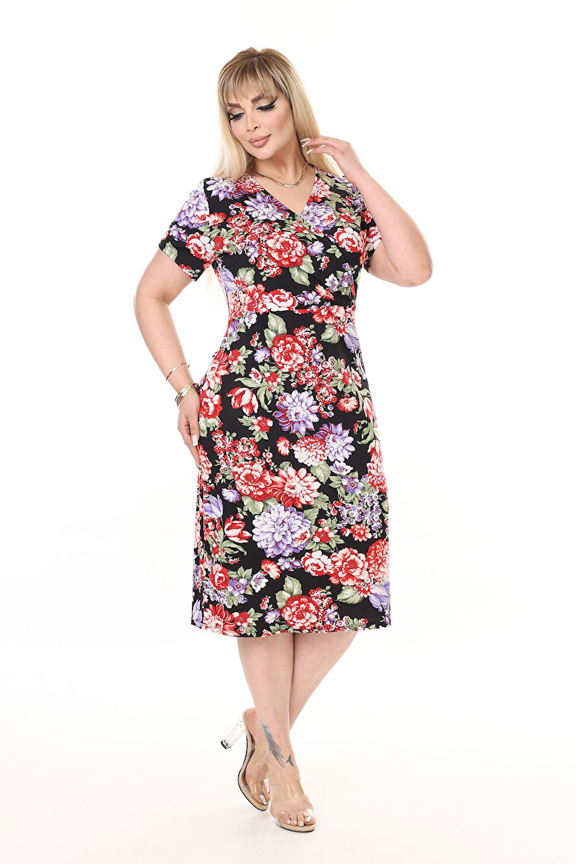 Kruvaze Yaka Yazlık Büyük Beden Elbise 6F-2647