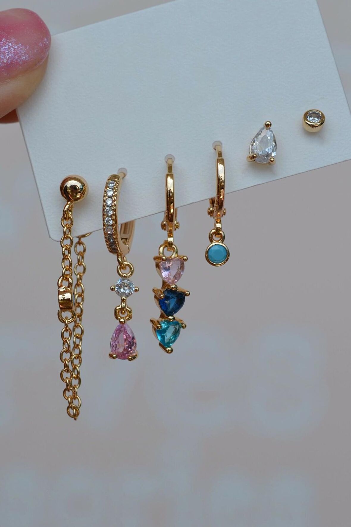 Zincir Sallantılı Asimetrik Molticolor Çok Renkli Küpe Seti 6 Parça