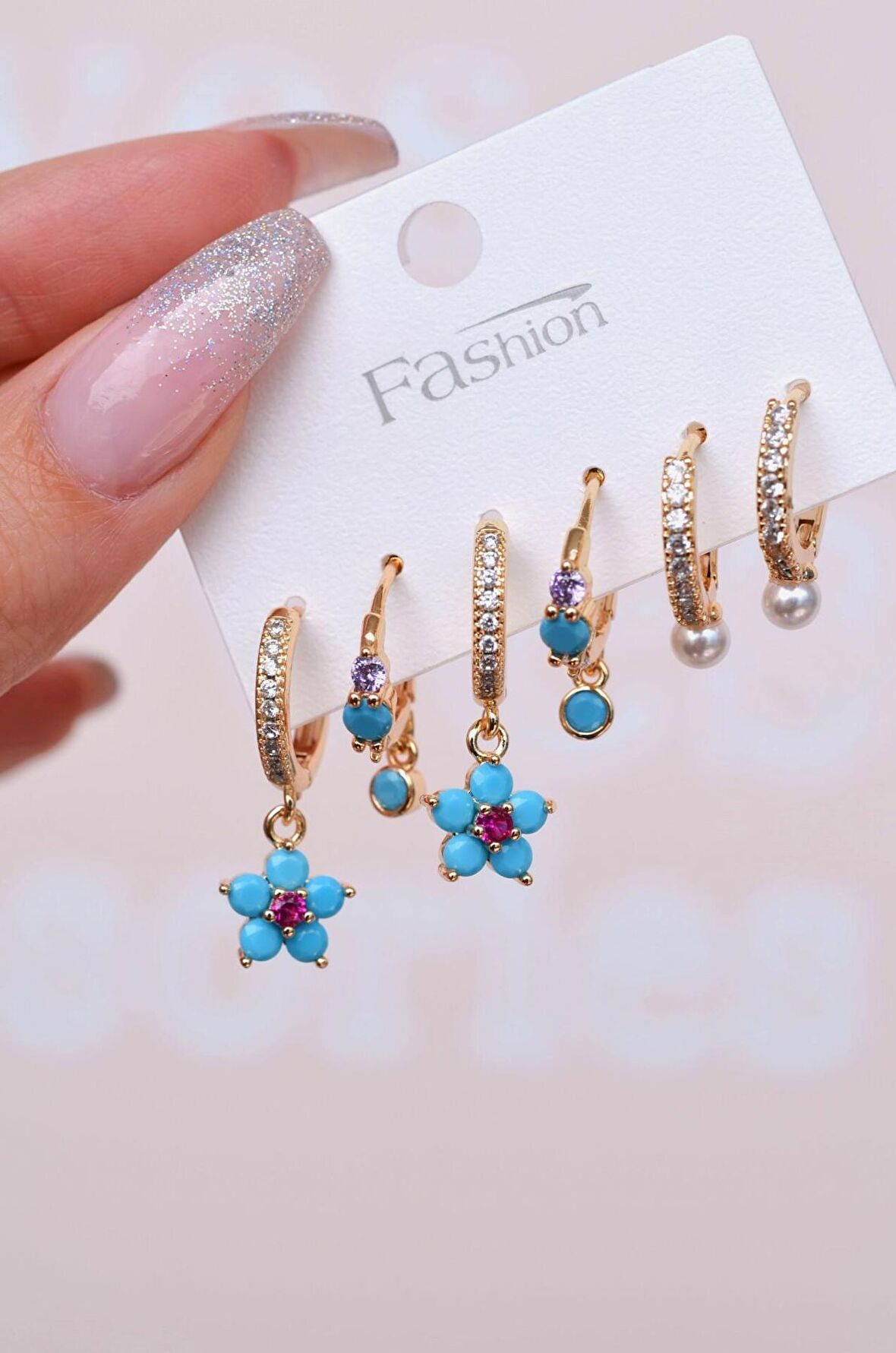 Firuze Mavi Çiçekli Küpe Seti 6 Parça