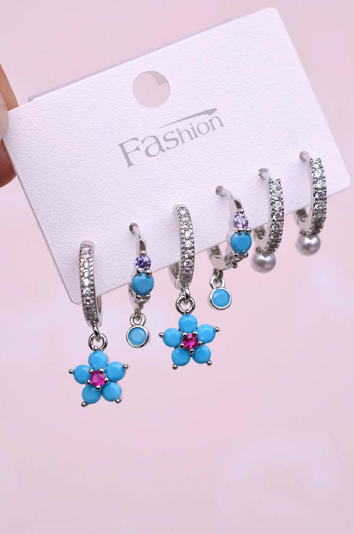 Firuze Mavi Çiçekli Küpe Seti 6 Parça Gümüş Renkli