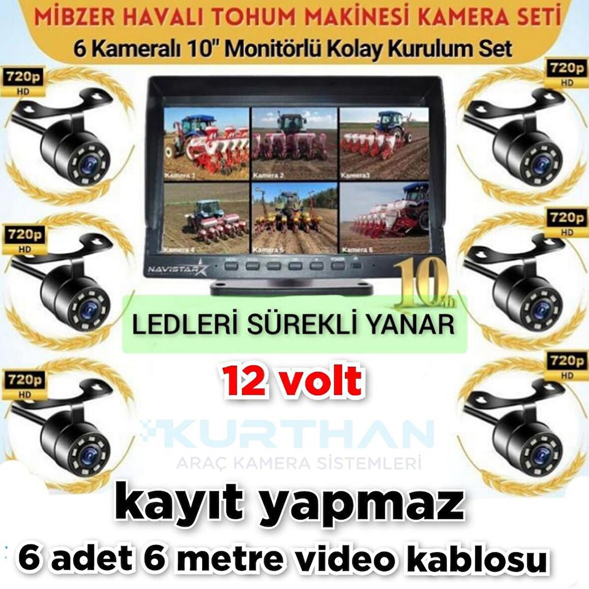 6 KANALLI 10 İNÇ MONİTÖR VE 6 ADET BEYAZ LEDLİ KELEBEK KAMERA SETİ 160 DERECE LENS 12 VOLT
