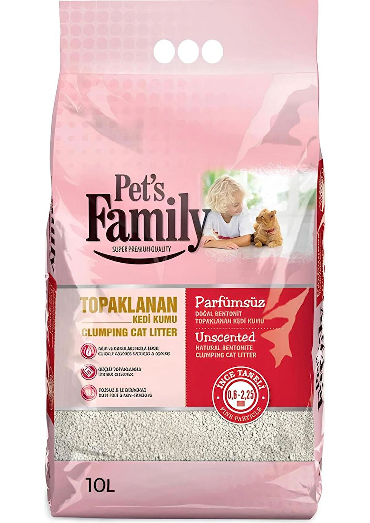 Pets Family Topaklanan Doğal Bentonit Parfümsüz İnce Taneli Super Premium Kedi Kumu 10 Lt