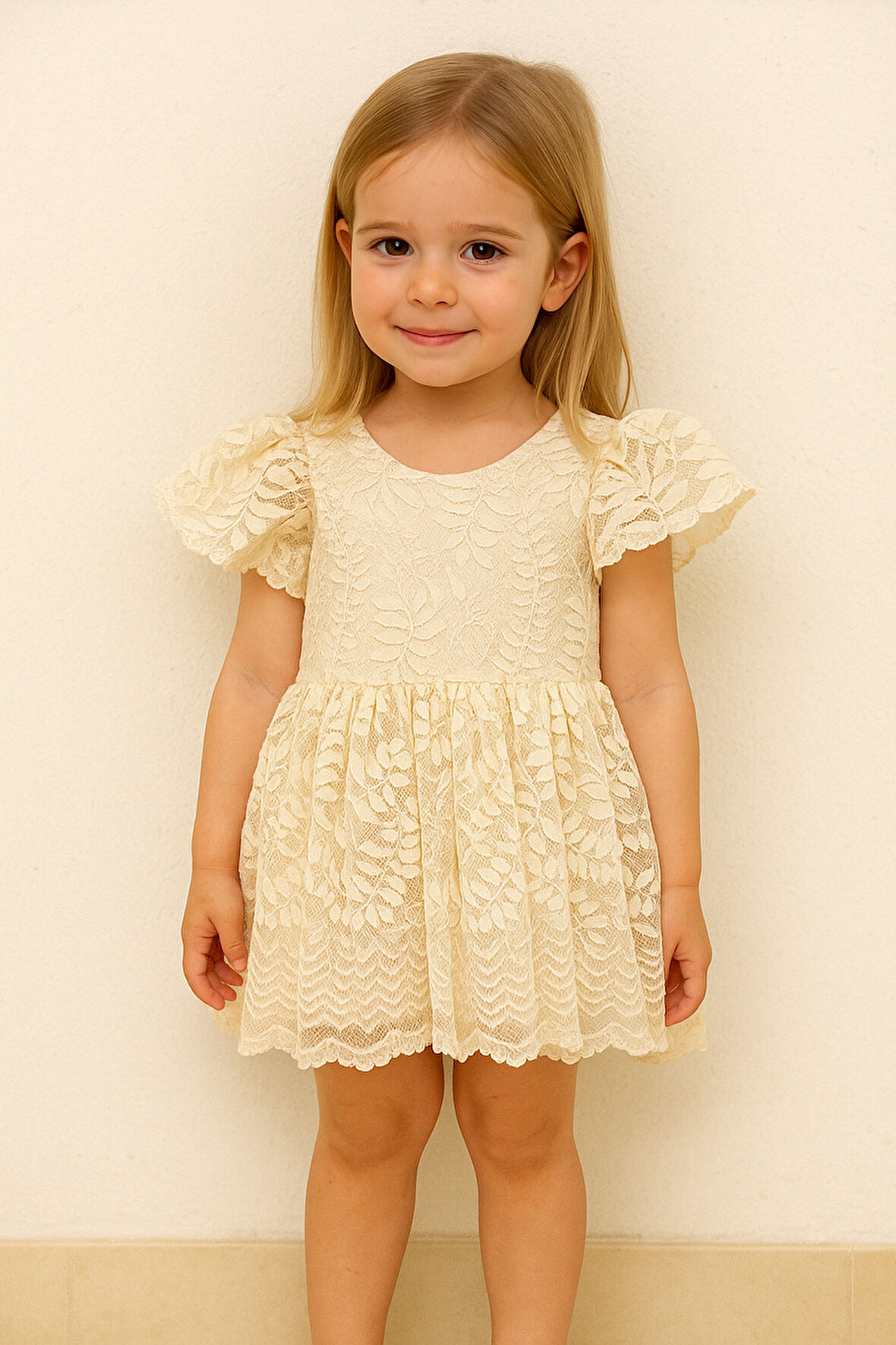 Kız Bebek Elbise Kısa Kollu Fiyonklu Dantel Detaylı Sırt Baglamalı Kısa Kollu Bayramlık ve Özel Gün Elbise