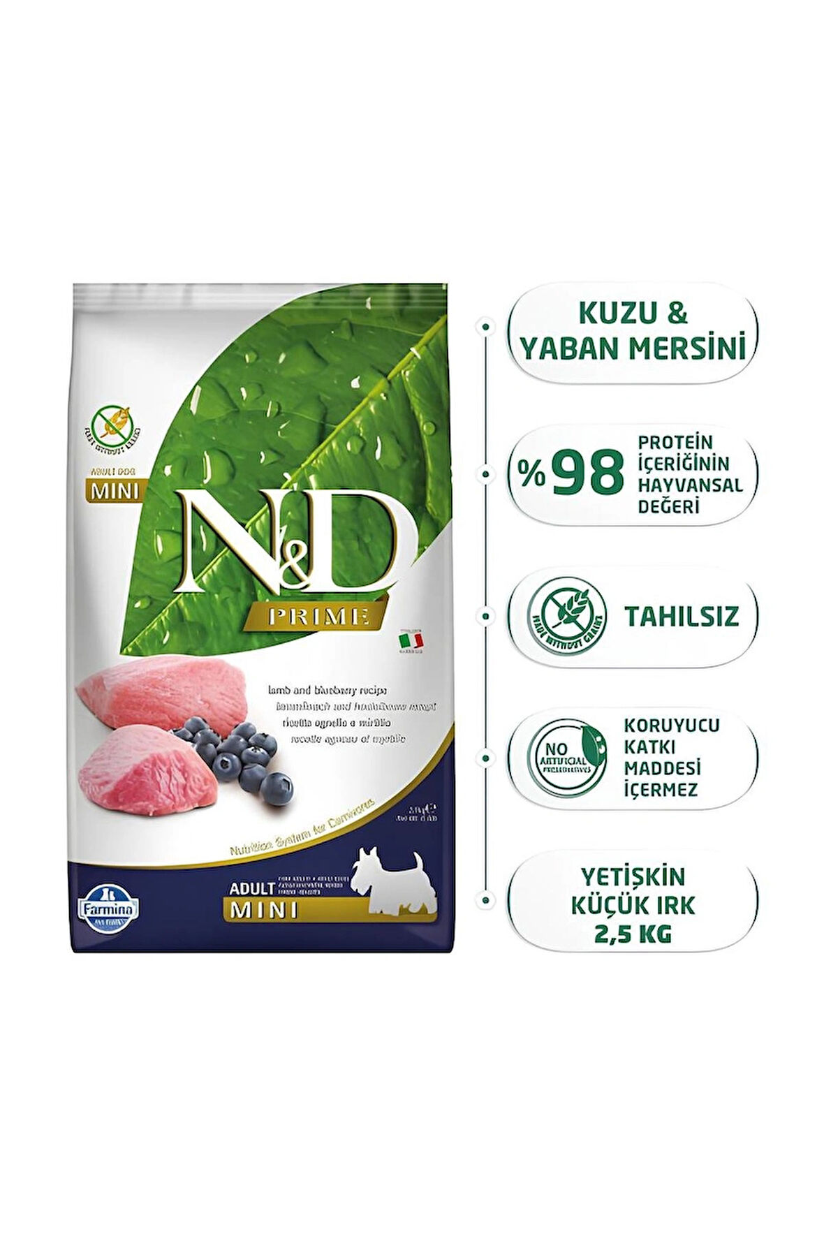 N&D Prime Kuzu Etli Yaban Mersinli Küçük Irk Tahılsız Yetişkin Köpek Maması 2,5 kg