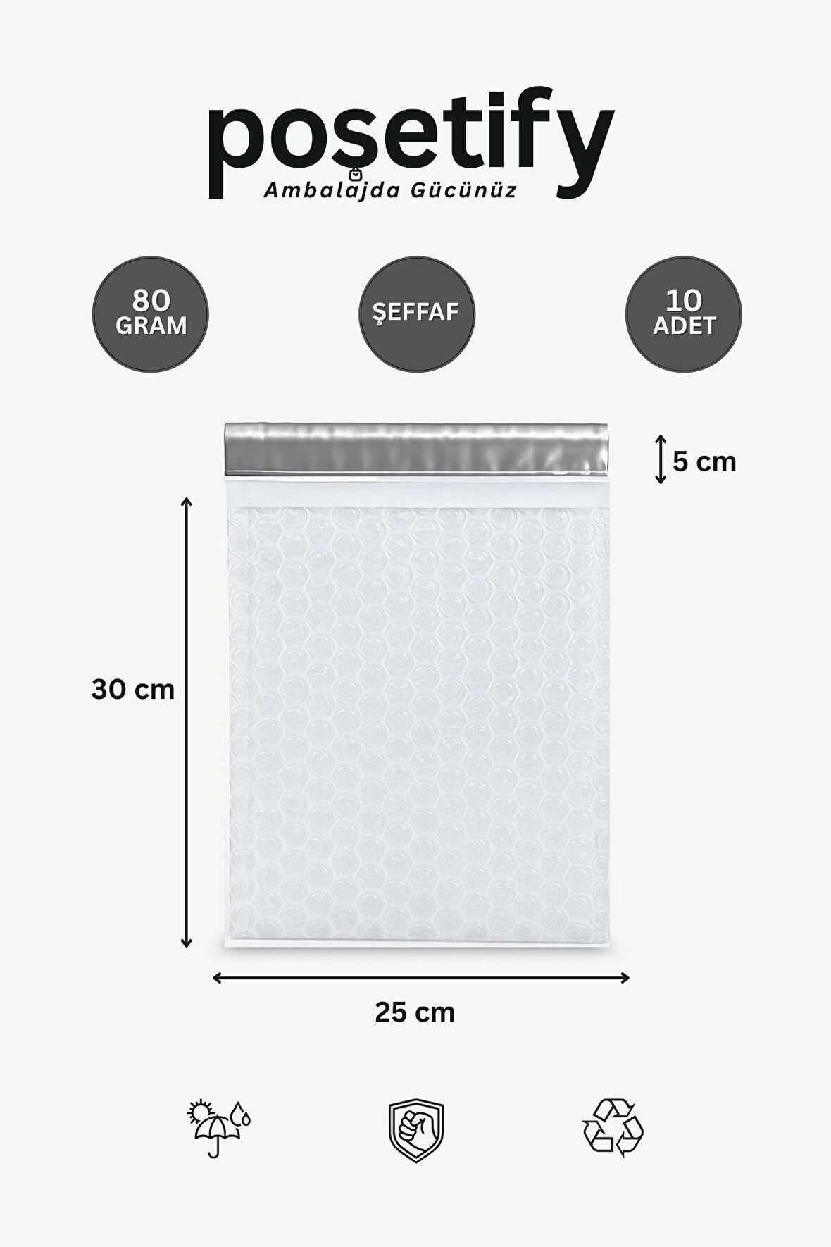 Balonlu Şeffaf Kargo Poşeti 25X30+5 cm | 80 gr Bantlı Patpatlı Kargo Poşeti | 10’li E-Ticaret Poşeti
