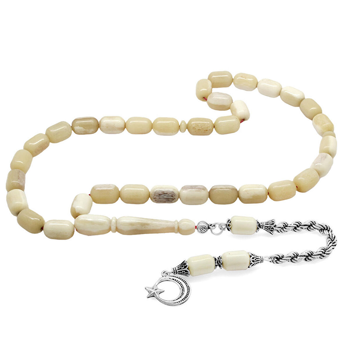 Tesbihane 925 Ayar Gümüş Halat Püsküllü Kapsül Kesim Naturel Renk Deve Kemiği Tesbih