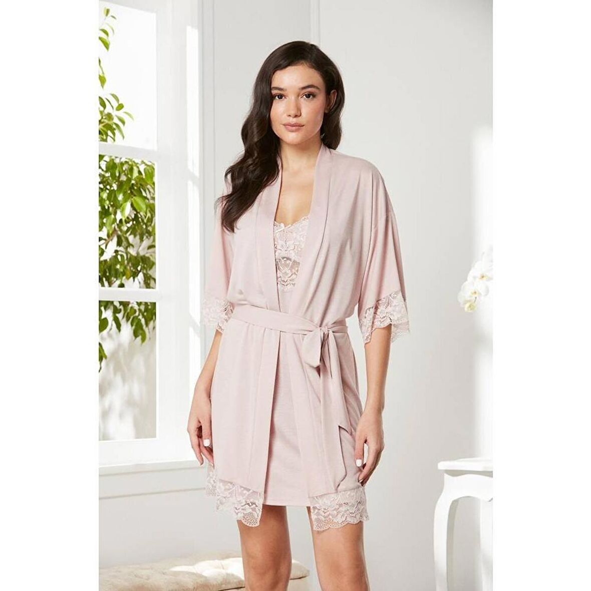 Pierre Cardin Dantelli Penye Gecelik Sabahlık Takımı Pudra