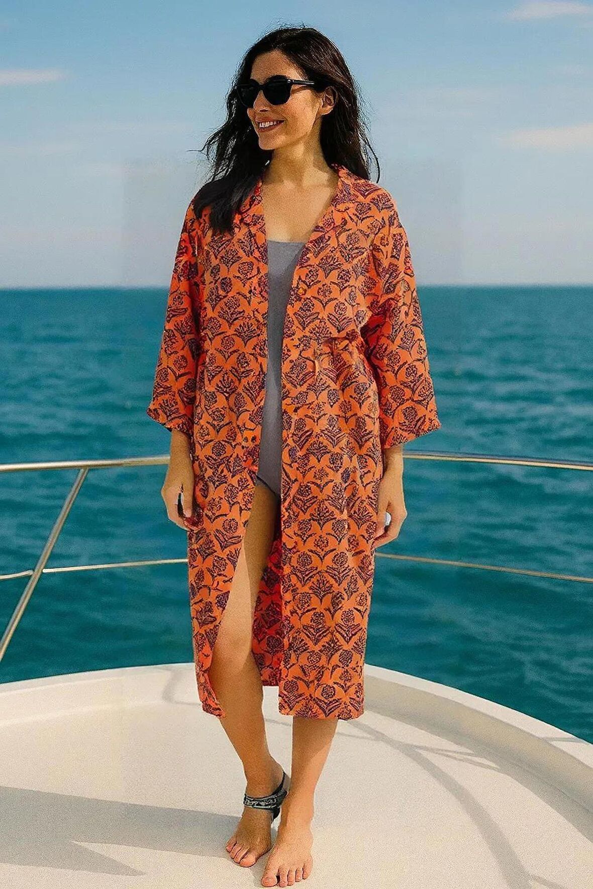 Özel Tasarım Pamuk Viskon Uzun Kimono - Güneş