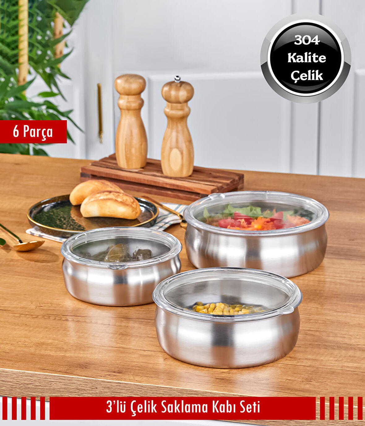3’lü Çelik Güveç Model Saklama Kabı 6 Parça