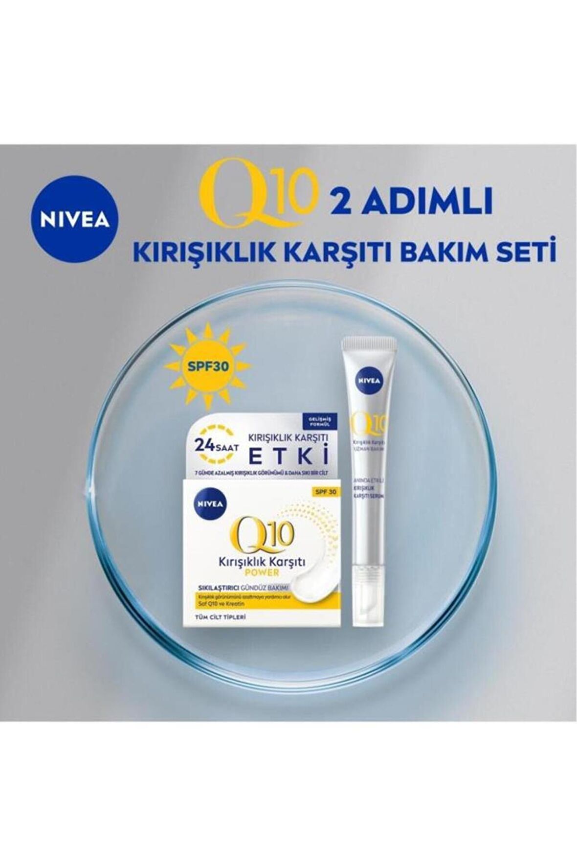 Nivea Q10 2 Adımlı Kırışıklık Karşıtı Bakım Seti,gündüz Kremi Spf30 Ve Cilt Serumu 15 Ml,anında Etki