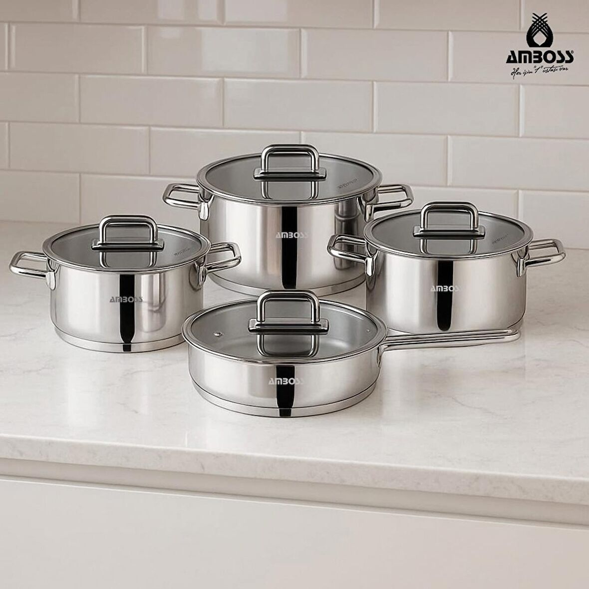 Nova 8 Parça Paslanmaz Çelik Cam Kapaklı Tencere Tava Seti